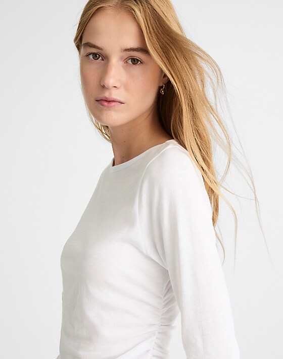 madewell Ruched Crewneck Long-Sleeve Tee in Soft Slub white