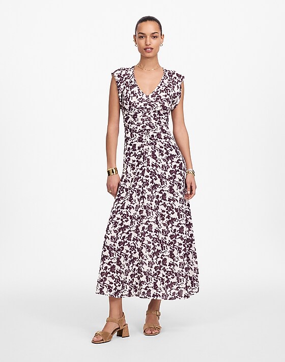 madewell Ruched Flutter Sleeve Midi Dress chocolate raisin