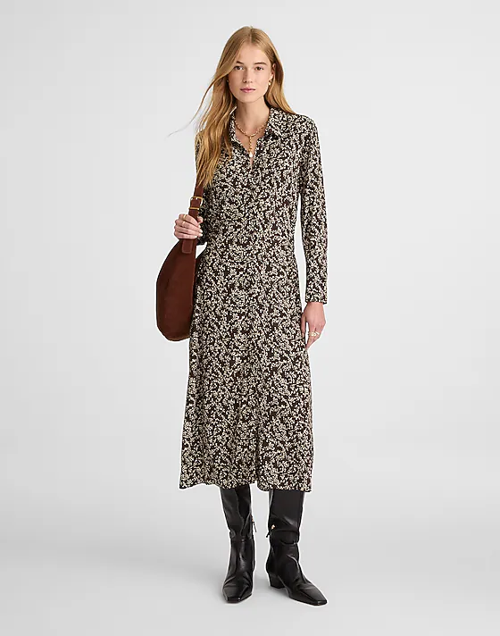 madewell Ruched Midi Shirtdress bridgette spots brown