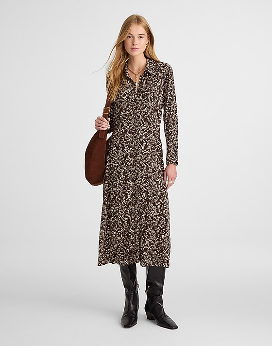 madewell Ruched Midi Shirtdress bridgette spots brown
