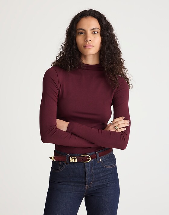 Madewell Ruched Mockneck Long-Sleeve Top Dark Pomegranate