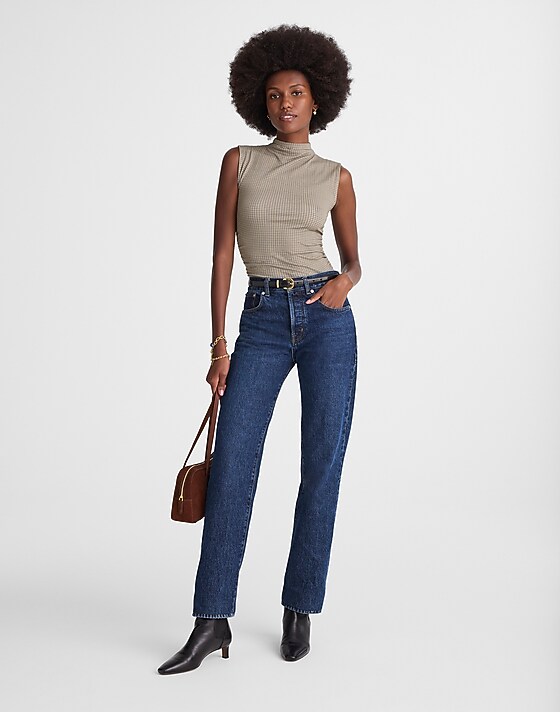 Madewell Ruched Mockneck Tank In Houndstooth Coffee