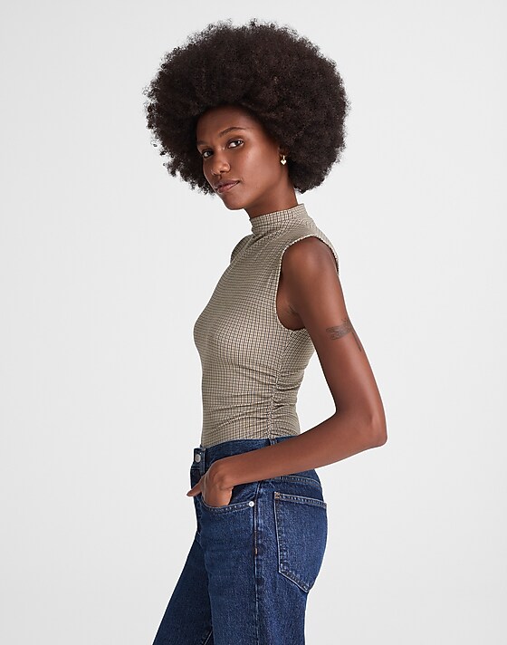 Madewell Ruched Mockneck Tank In Houndstooth Coffee