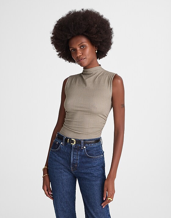 madewell Ruched Mockneck Tank in Houndstooth coffee