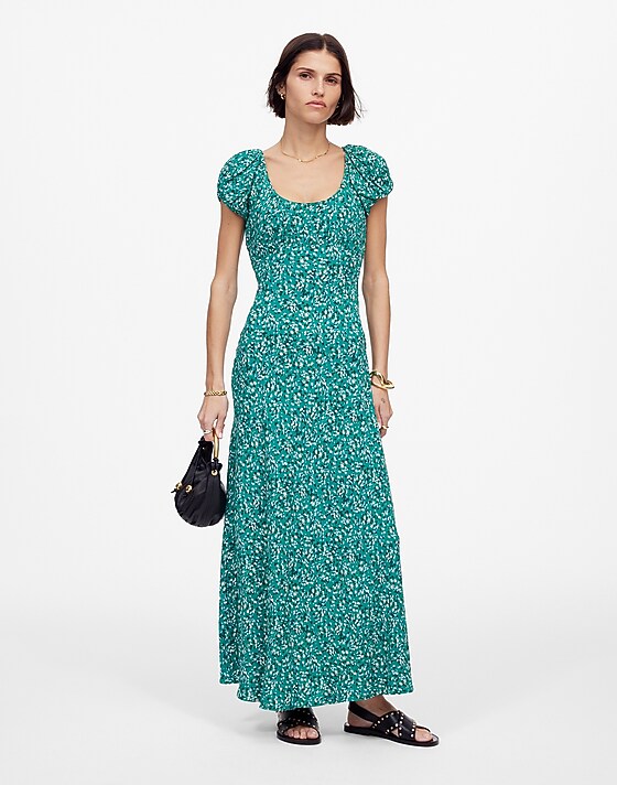 Madewell Ruched Scoopneck Midi Dress In Floral Meadow Ditsy Kelly Green