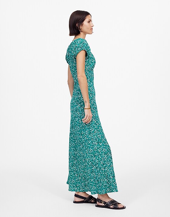 Madewell Ruched Scoopneck Midi Dress In Floral Meadow Ditsy Kelly Green