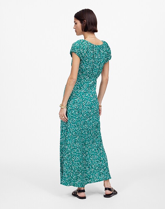 Madewell Ruched Scoopneck Midi Dress In Floral Meadow Ditsy Kelly Green