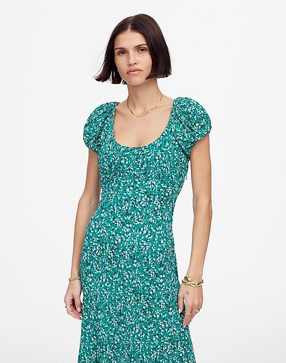 madewell Ruched Scoopneck Midi Dress in Floral meadow ditsy kelly green