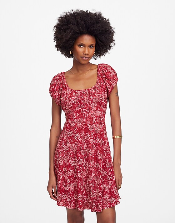 Madewell Ruched Scoopneck Mini Dress In Floral Harper Floral Red White