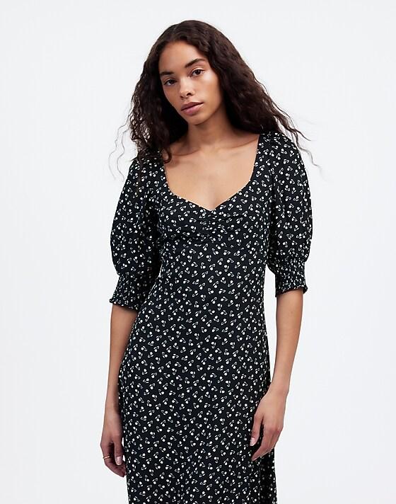 Madewell Ruched Scoopneck Side Slit Midi Dress In Floral Cherry Navy