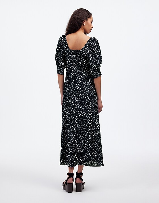 Madewell Ruched Scoopneck Side Slit Midi Dress In Floral Cherry Navy