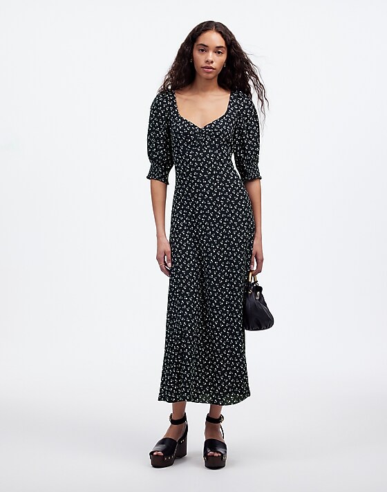 madewell Ruched Scoopneck Side Slit Midi Dress in Floral cherry navy