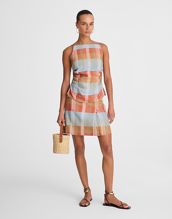 Madewell Ruched Squareneck Tank In Linen-Cotton Blue Orange Plaid