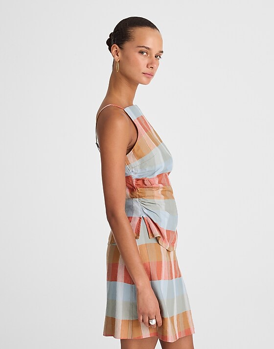 Madewell Ruched Squareneck Tank In Linen-Cotton Blue Orange Plaid