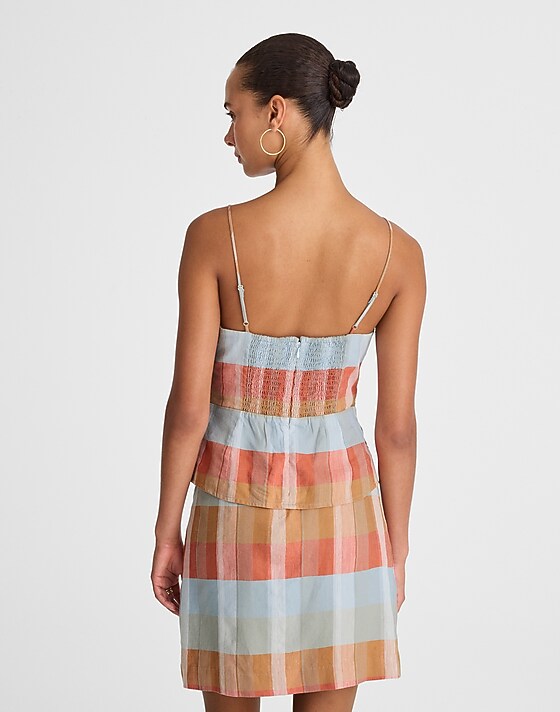 Madewell Ruched Squareneck Tank In Linen-Cotton Blue Orange Plaid