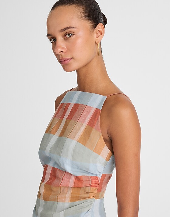 madewell Ruched Squareneck Tank in Linen-Cotton blue orange plaid