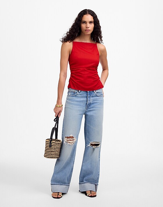 Madewell Ruched Squareneck Tank In Linen-Cotton Festival Red