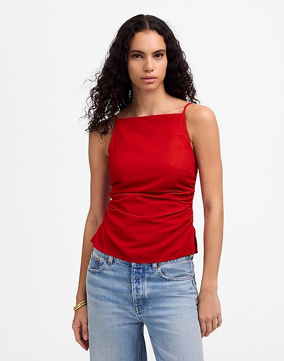 madewell Ruched Squareneck Tank in Linen-Cotton festival red