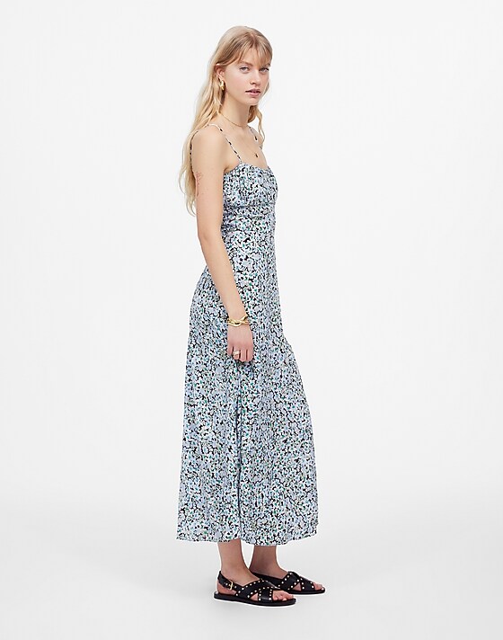 Madewell Ruched Sweetheart Sleeveless Midi Dress In Floral Stella Floral Peri