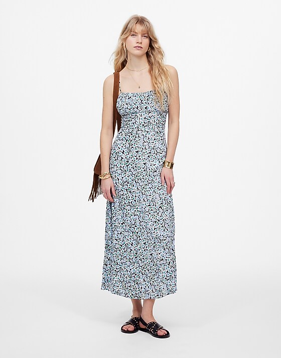 madewell Ruched Sweetheart Sleeveless Midi Dress in Floral stella floral peri