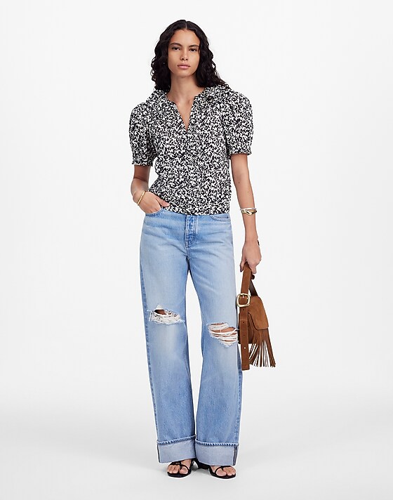 Madewell Ruffled Button-Front Top In Floral Abstract Leaf Black Ivory