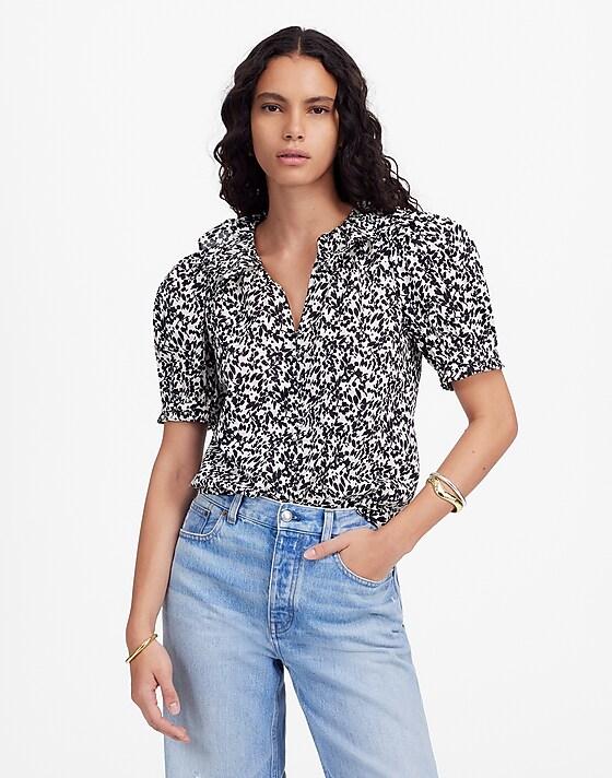 madewell Ruffled Button-Front Top in Floral abstract leaf black ivory