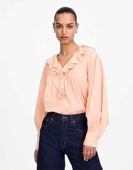 madewell Ruffled Pintucked Long-Sleeve Top pale blush