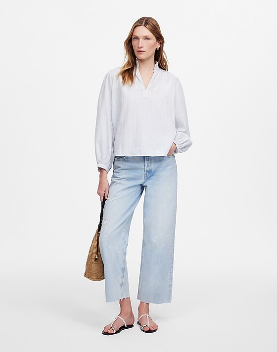 Madewell Ruffled Popover Top In Stripe Blue White Lino Dobby