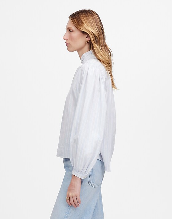 Madewell Ruffled Popover Top In Stripe Blue White Lino Dobby