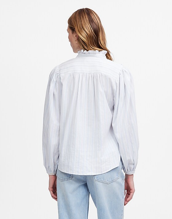 Madewell Ruffled Popover Top In Stripe Blue White Lino Dobby