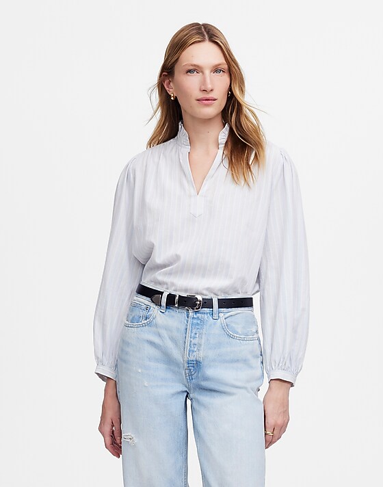 madewell Ruffled Popover Top in Stripe blue white lino dobby