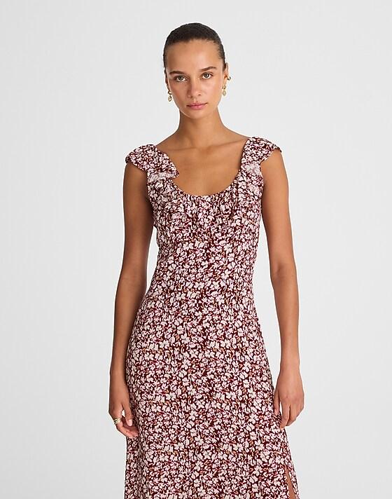 Madewell Ruffled Scoopneck Maxi Dress In Floral Emma Floral Burgundy