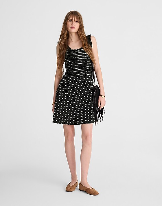 Madewell Ruffled Scoopneck Mini Dress In Dot Linear Dots Jet Black