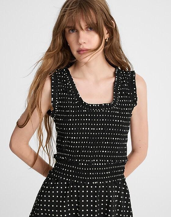 Madewell Ruffled Scoopneck Mini Dress In Dot Linear Dots Jet Black