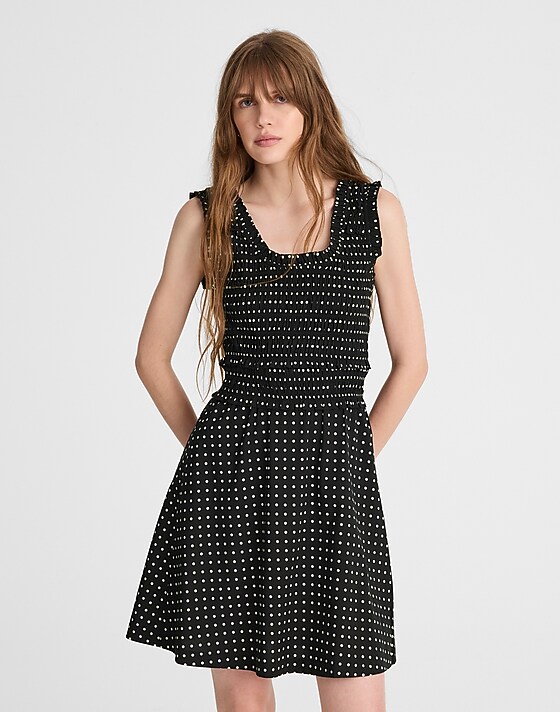 madewell Ruffled Scoopneck Mini Dress in Dot linear dots jet black