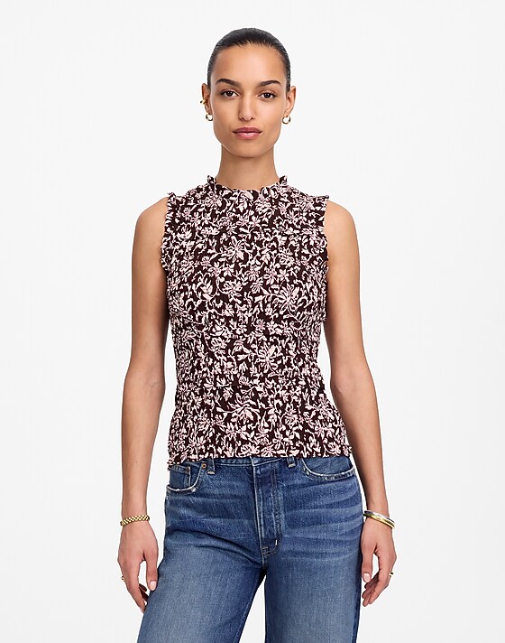 madewell Ruffled Smocked Top in Floral casella vines raisin