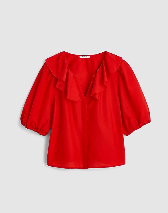 madewell Ruffled Y-Neck Top in Cotton-Silk festival red