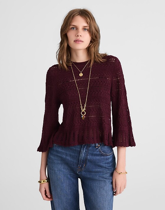 madewell Scalloped-Trim Sweater Tee dark pomegranate