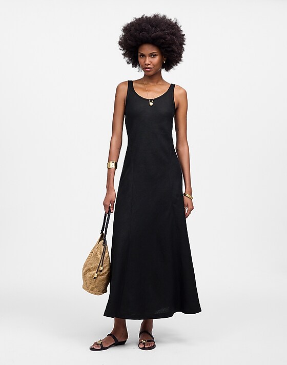 madewell Scoopneck Sleeveless Midi Dress in 100% Linen jet black