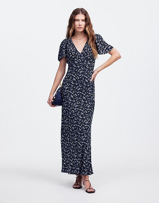 madewell Seamed Flutter Sleeve Maxi Dress vintage ditsy pear accent