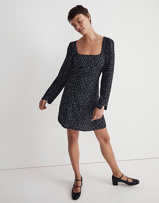 Madewell Seamed Long-Sleeve Mini Dress In Ditsy Floral True Black