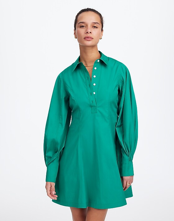 Madewell Seamed Long-Sleeve Mini Shirtdress In Poplin Verdant Green