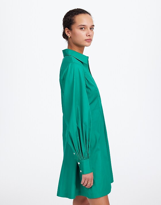 Madewell Seamed Long-Sleeve Mini Shirtdress In Poplin Verdant Green