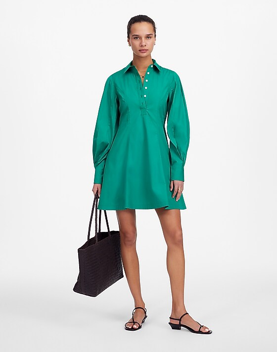 madewell Seamed Long-Sleeve Mini Shirtdress in Poplin verdant green