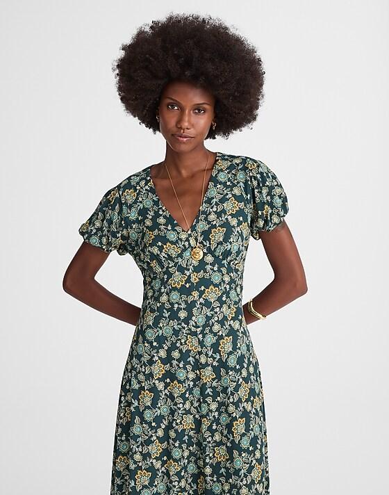 Madewell Seamed Puff-Sleeve Midi Dress In Floral Mineral Blue