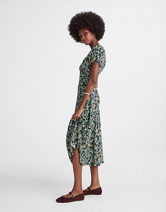Madewell Seamed Puff-Sleeve Midi Dress In Floral Mineral Blue