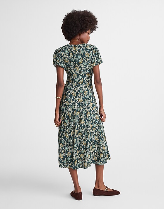 Madewell Seamed Puff-Sleeve Midi Dress In Floral Mineral Blue