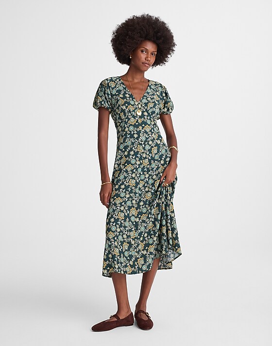 madewell Seamed Puff-Sleeve Midi Dress in Floral mineral blue
