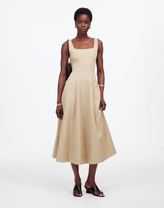 madewell Seamed Squareneck Midi Dress heritage khaki