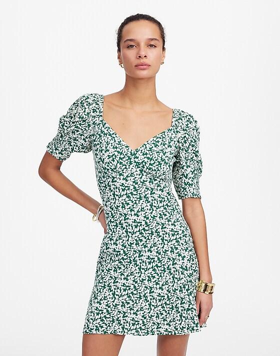 Madewell Seamed V-Neck Mini Dress Abstract Leaf Kelly Verdant